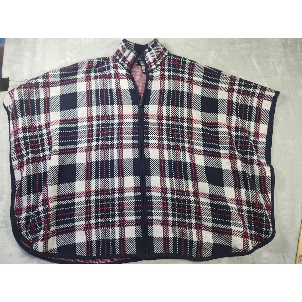 Jones New York Blue Plaid Zip-Front Poncho‎ Cape Green Yellow S/M